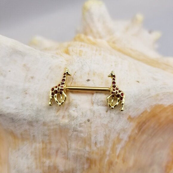 Pair of 14G gold plated giraffe ends nipple bars - externally threaded - Picture 3 of 6